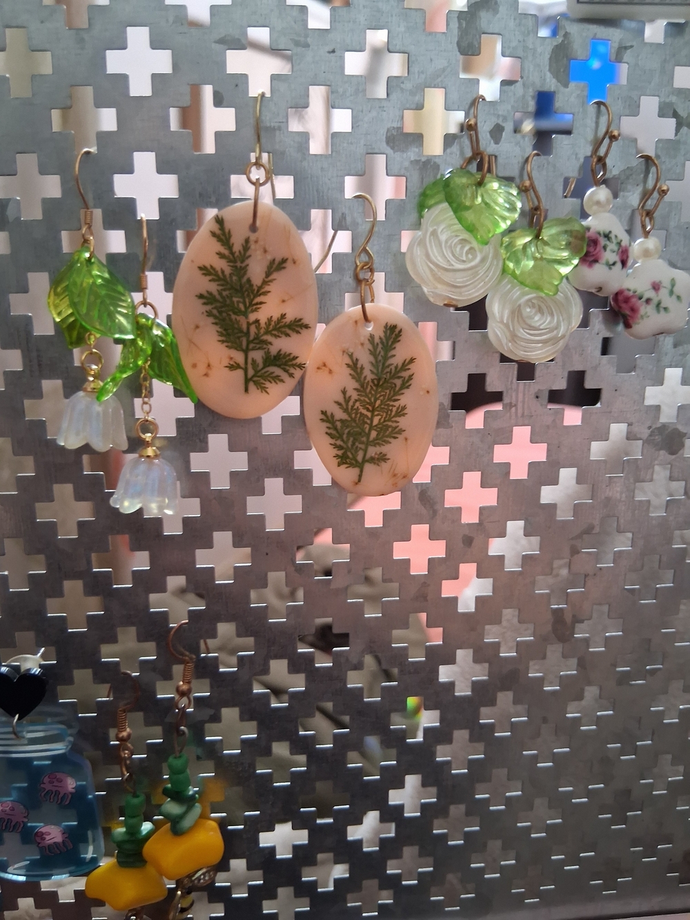 Botanical Pink Resin Dangle Earrings with Green Leaf Accent